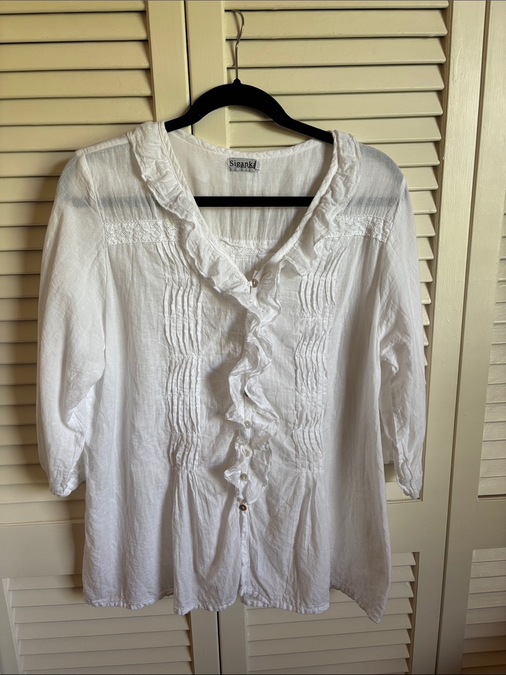 White Ruffle-Front Women's Blouse